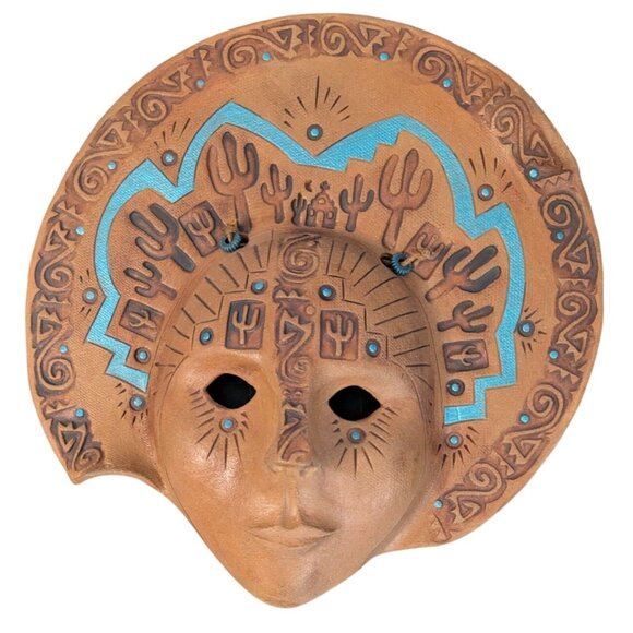 Handcrafted Terracotta Wall Mask Tribal Cactus Design Blue Accents - Picture 1 of 13